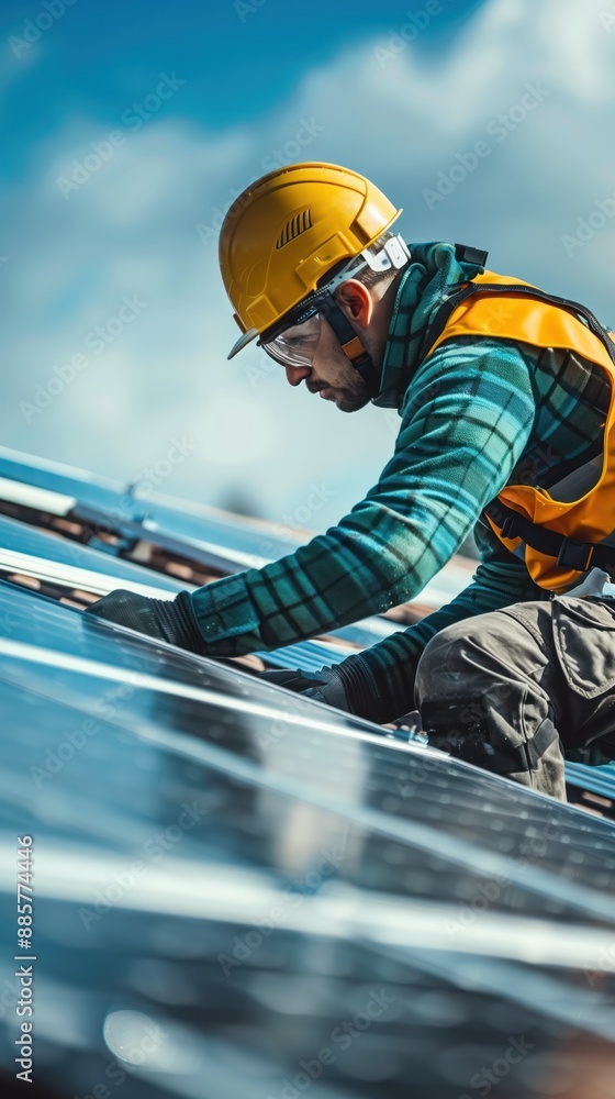 Construction worker wearing safety gear installs solar panels on rooftop. Laborer holds ladder, working on building metal frame. Clear blue sky with fluffy white clouds in background. Construction worker wearing safety gear installs solar panels on rooftop. Laborer holds ladder, working on building metal frame. Clear blue sky with fluffy white clouds in background.