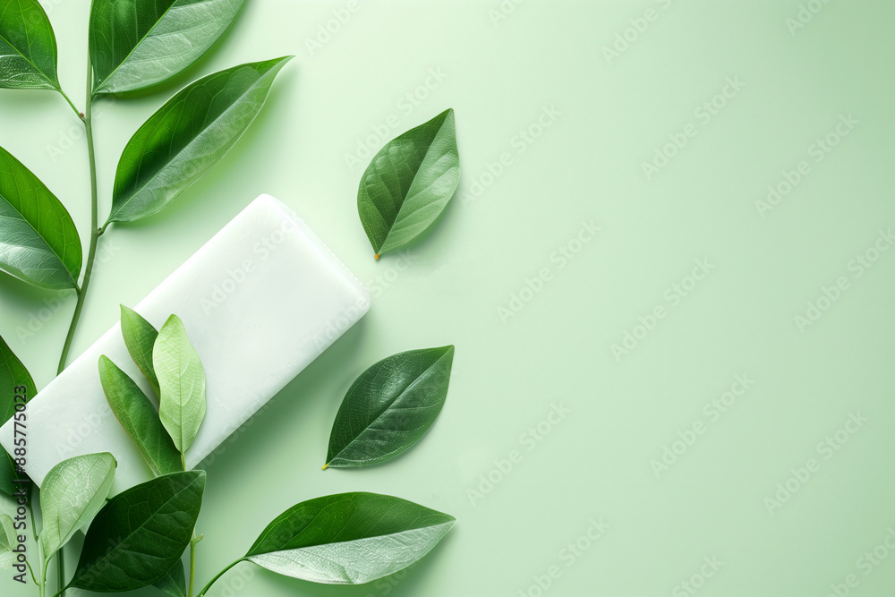 Green leaves and handmade organic soap bar with light green background. Green leaves and handmade organic soap bar with light green background.