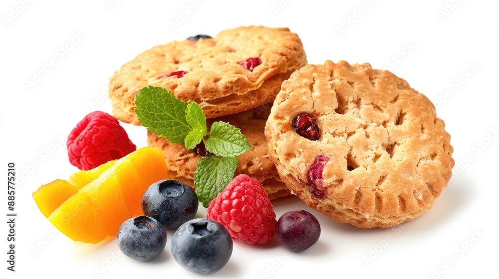 A colorful mix of cookies and fruit arranged on a white surface