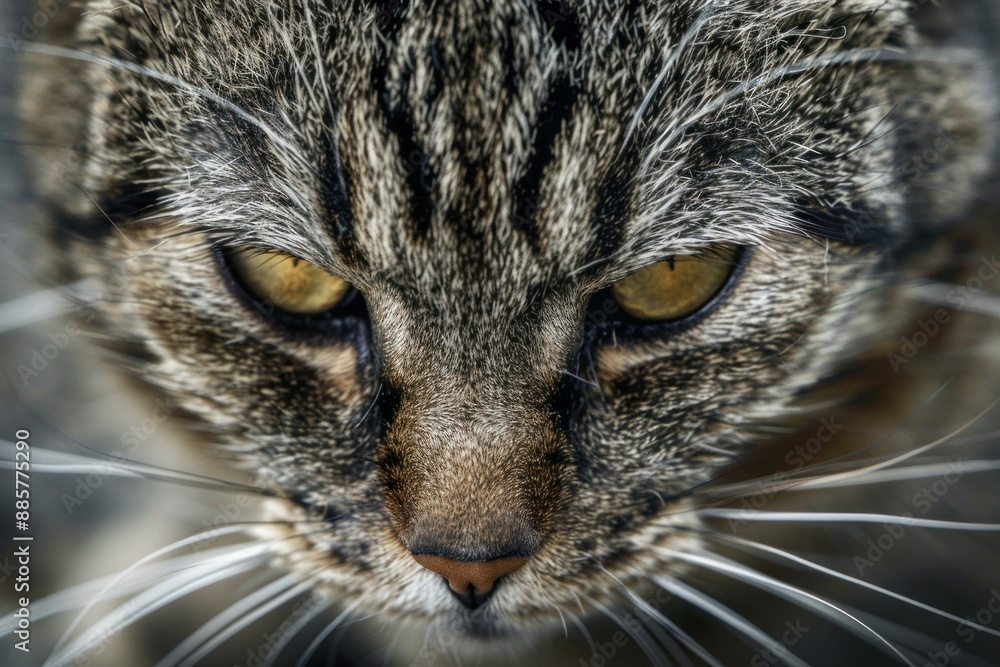 Closeup of a tabby cat with striking yellow eyes and detailed fur pattern Closeup of a tabby cat with striking yellow eyes and detailed fur pattern