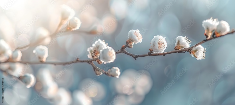 Spring Background. Blooming Tree Branch With White Flower Buds, Sun Light. Beauty In Nature.