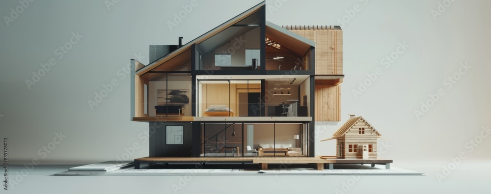 Home model. House design for construction and architect. Real estate project. Miniature plan on table. Business development and insurance concept. Blueprint for build Home model. House design for construction and architect. Real estate project. Miniature plan on table. Business development and insurance concept. Blueprint for build