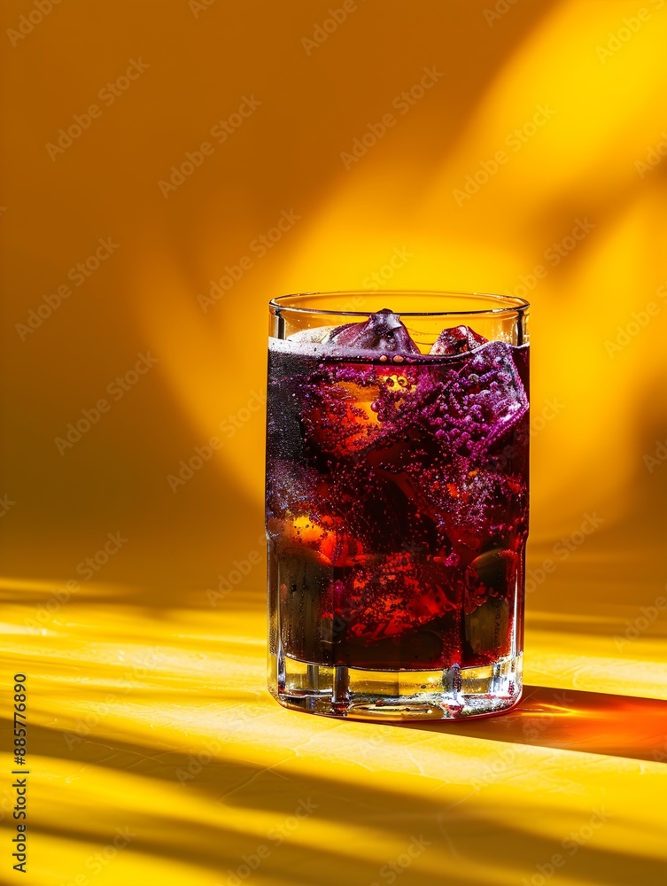 Dark Purple Summer Drink on a yellow Background with Sunlight and Shadows Dark Purple Summer Drink on a yellow Background with Sunlight and Shadows