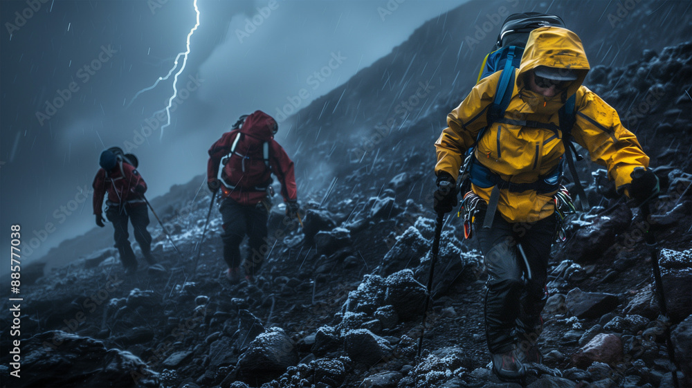 Obraz premium 夏の嵐の中、富士山を登る登山者