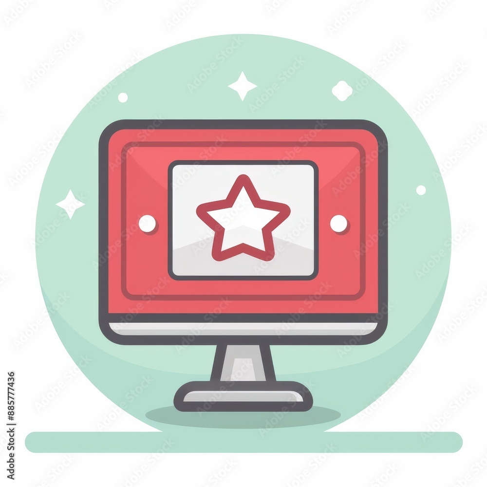 Red star on a desktop monitor with a light green circular background Red star on a desktop monitor with a light green circular background