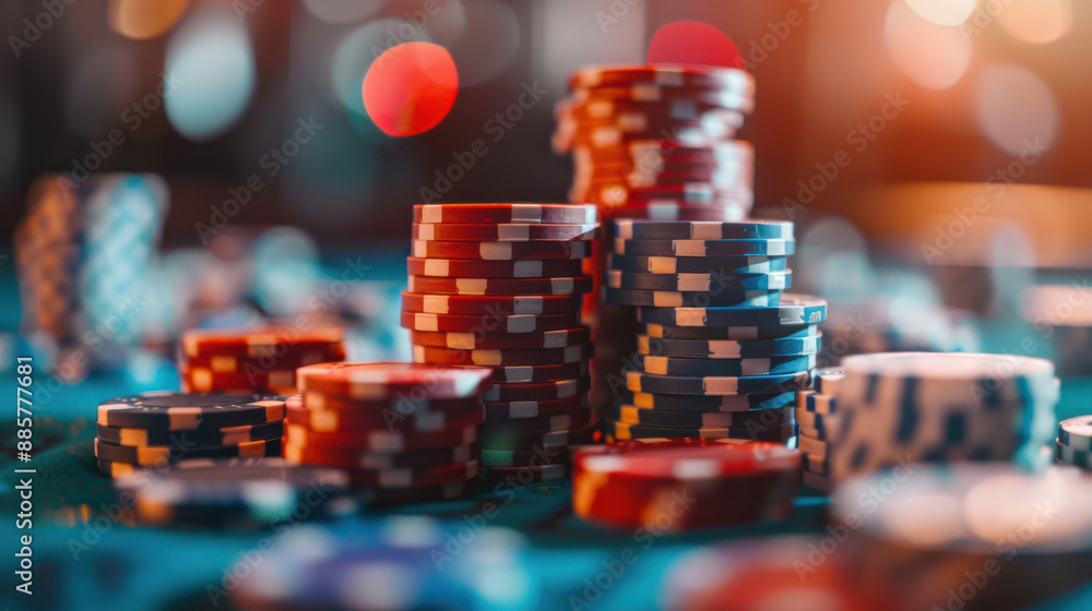 A high-resolution photograph of poker chips, stacked in colorful piles, vibrant colors A high-resolution photograph of poker chips, stacked in colorful piles, vibrant colors