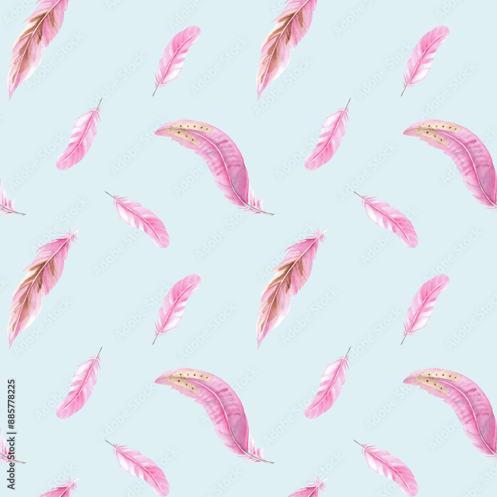 Fototapeta premium Seamless Pattern of pink Feathers. Watercolor Illustration on blue Background. Hand drawn. Can be used for fabric, textile and packaging prints.