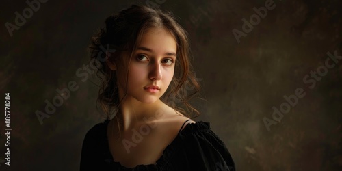 A woman posing for a photo in a formal black dress, suitable for editorial or commercial use