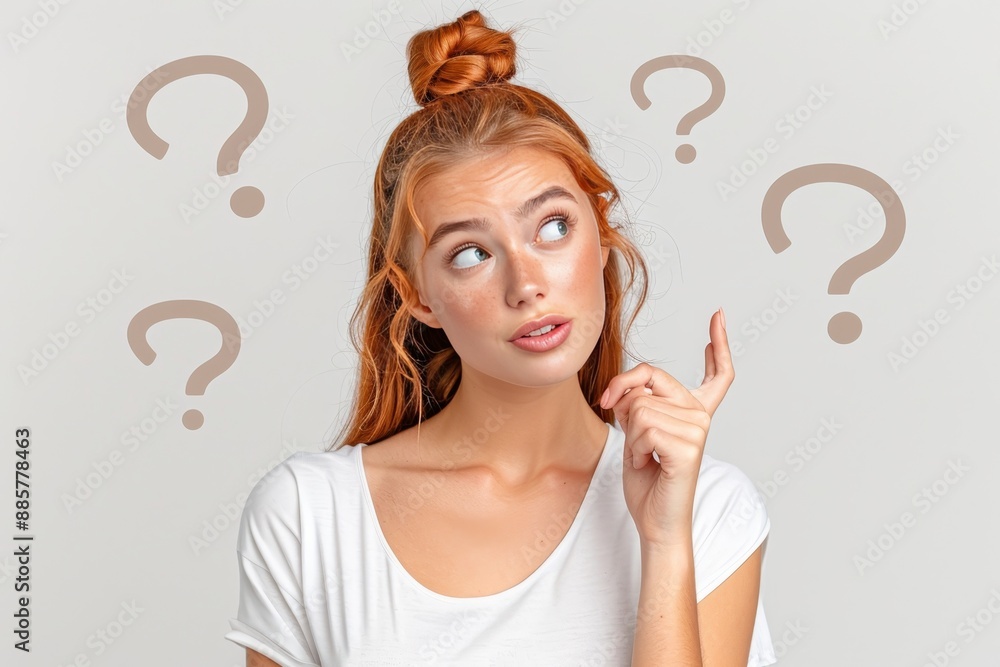 Thinking Woman. Portrait Of Beautiful Redhead Woman With Many Questions, Scratching Head Thinking Woman. Portrait Of Beautiful Redhead Woman With Many Questions, Scratching Head