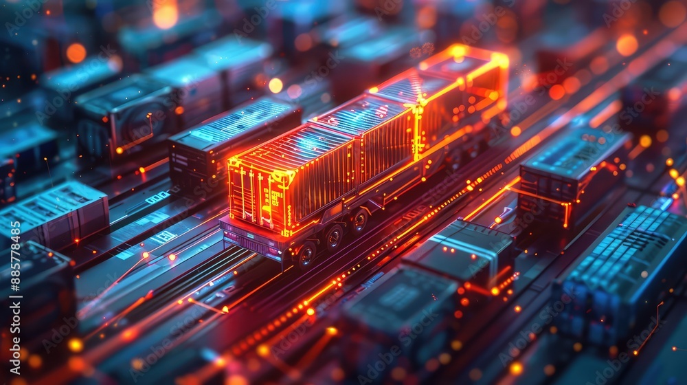 Neon Cargo Containers in Futuristic Digital Shipping Network Neon Cargo Containers in Futuristic Digital Shipping Network