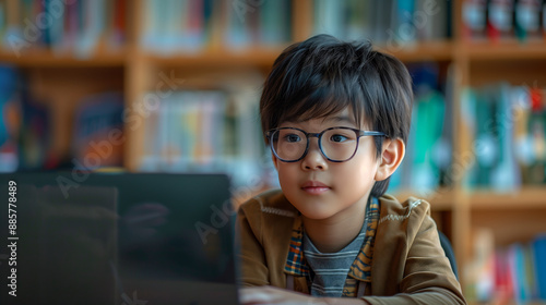 asian kid with glasses studying on laptop in library 