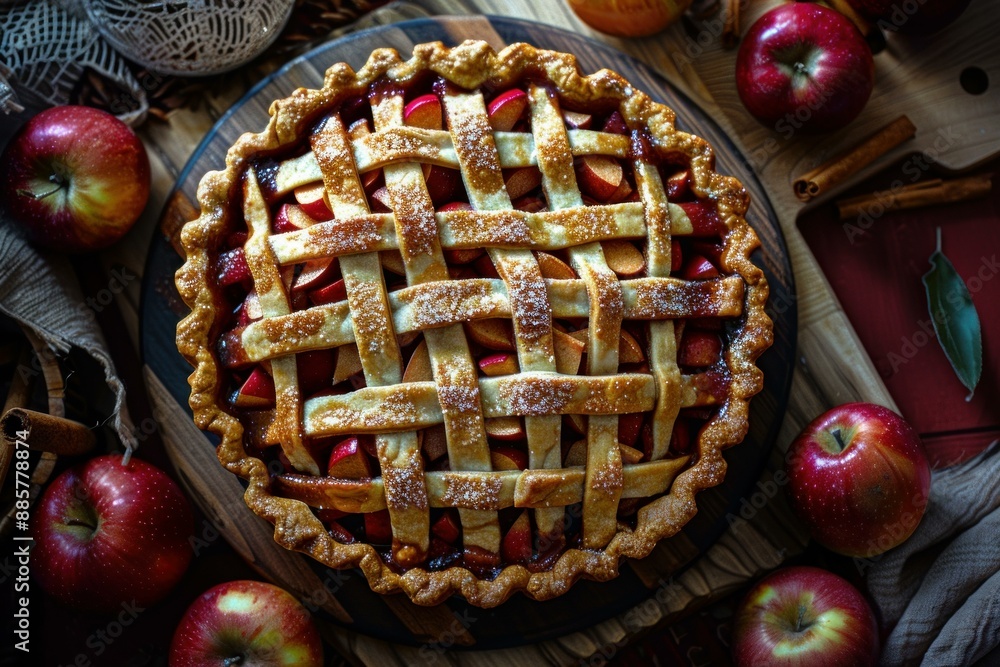 Freshly baked apple pie with a lattice crust, surrounded by ripe apples Freshly baked apple pie with a lattice crust, surrounded by ripe apples
