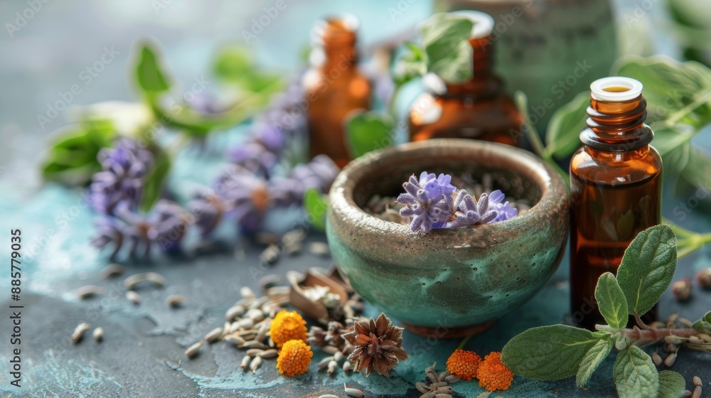 Herbal Ingredients with Essential Oil Bottles Herbal Ingredients with Essential Oil Bottles