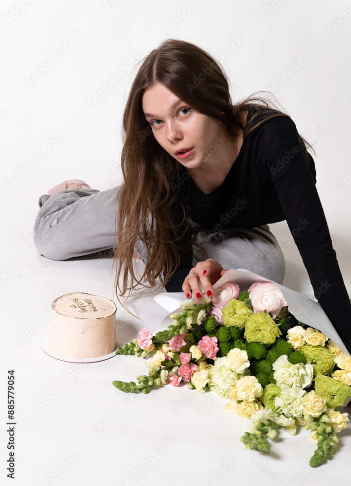 female beautiful smile girl happy cake model hair fresh flowers fashion white jeans female beautiful smile girl happy cake model hair fresh flowers fashion white jeans