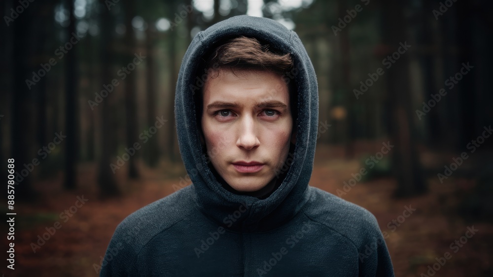 A man in a hoodie standing next to trees and woods, AI A man in a hoodie standing next to trees and woods, AI