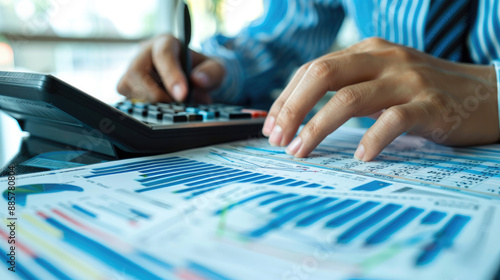 Business Professional Analyzing Financial Data with Calculator and Graphs