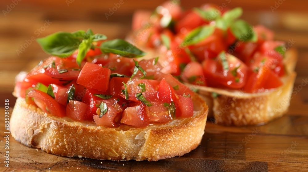 Delicious Italian Bruschetta Fresh Tomatoes, Basil, and Garlic on Rustic Wooden Board Delicious Italian Bruschetta Fresh Tomatoes, Basil, and Garlic on Rustic Wooden Board
