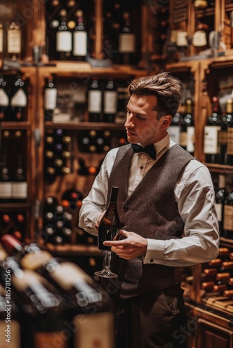 A sommelier in industry attire stands before a wine shelf, exuding expertise and passion