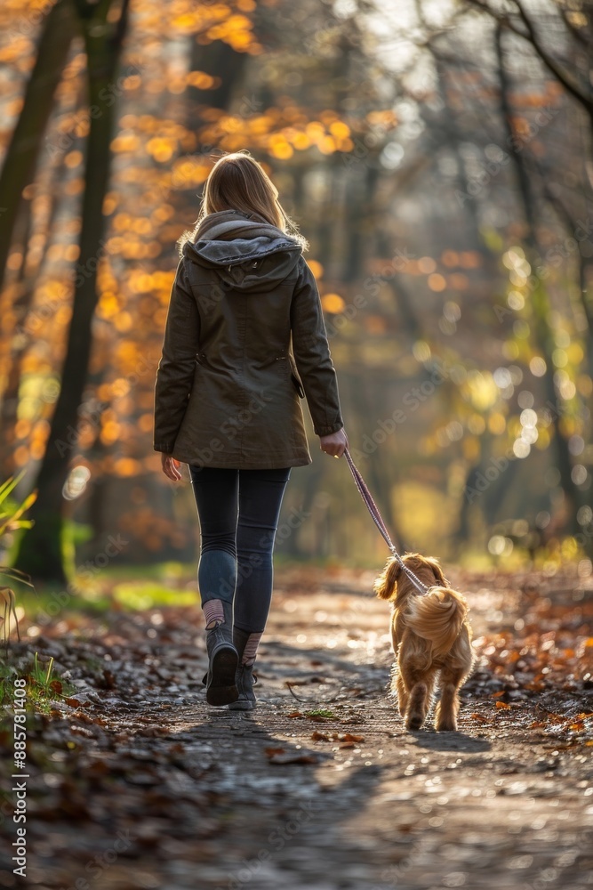 A businesswoman walks casually and relaxed through the park with her dog, radiating calmness