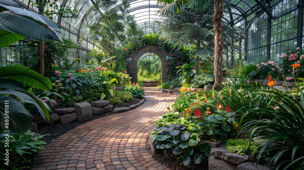 Moody botanical garden greenhouse with lush greenery and vibrant flowers Moody botanical garden greenhouse with lush greenery and vibrant flowers