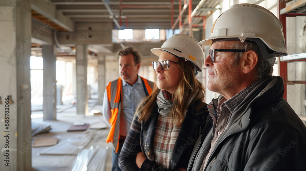 Architect, developer, and contractor inspecting progress at a construction site with hard hats Architect, developer, and contractor inspecting progress at a construction site with hard hats