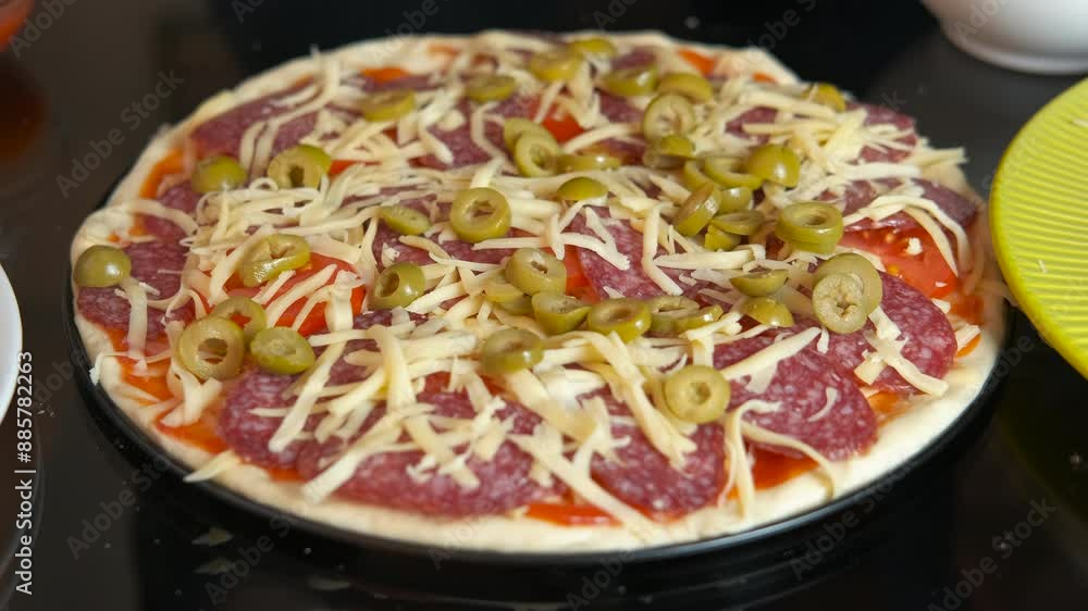 Add slices of olives on dough pizza indoor. A view of female add the chopped olives on the raw pizza before cooking indoor. Add slices of olives on dough pizza indoor. A view of female add the chopped olives on the raw pizza before cooking indoor.
