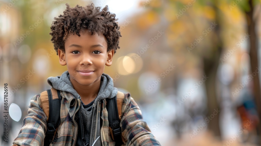 Portrait of African American schoolboy with backpack outdoors in autumn. Back to school concept. Portrait of African American schoolboy with backpack outdoors in autumn. Back to school concept.