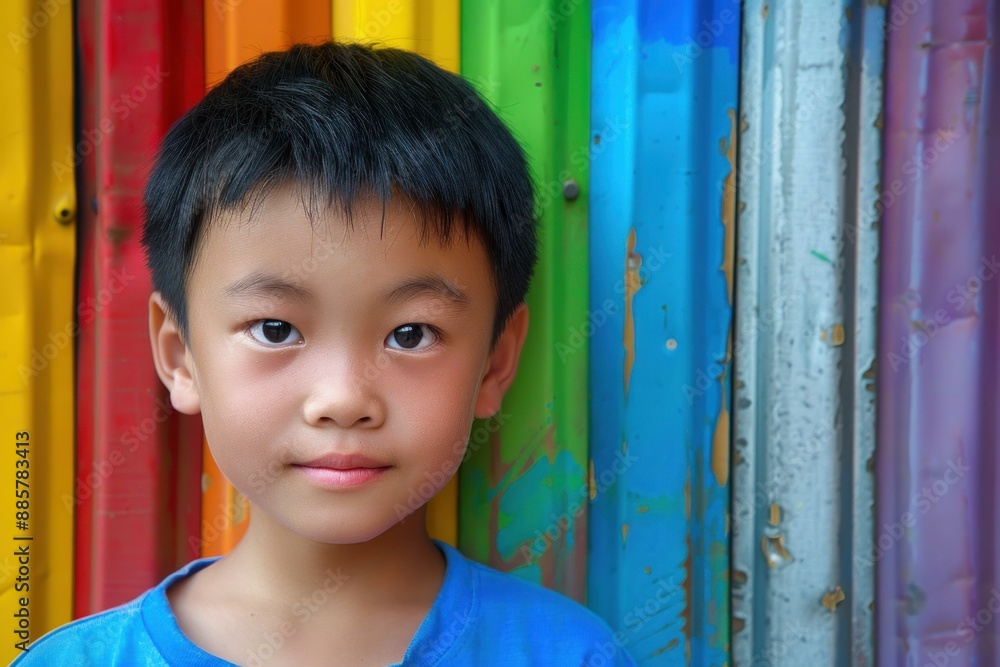 Young asian boy with a cheerful and joyful expression posing for a closeup portrait against a vibrant and multicolored urban wall. Exuding happiness and innocence in his colorful and playful clothing