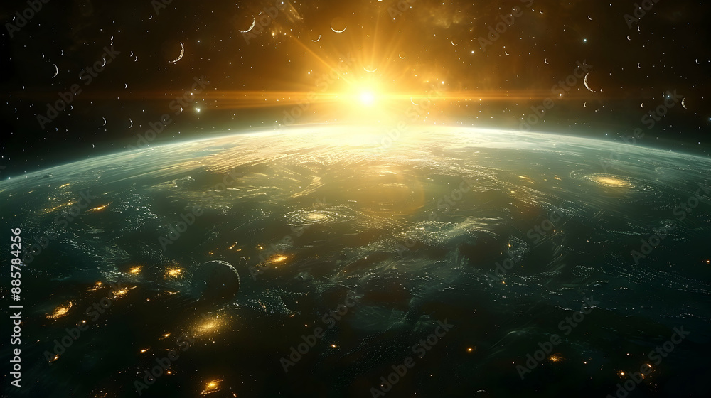 A solar planet surrounded by an asteroid belt and distant stars A solar planet surrounded by an asteroid belt and distant stars