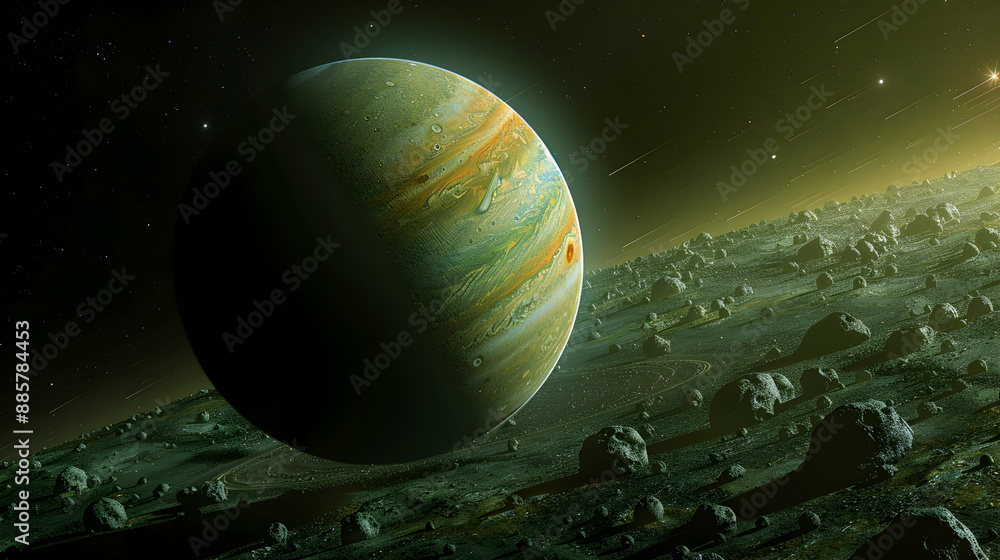 A solar planet surrounded by an asteroid belt and distant stars A solar planet surrounded by an asteroid belt and distant stars