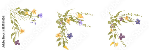 Watercolor vector set of wildflower flowers and leaves corner decoration. Suitable for use in invitation, card, etc