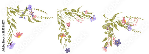 Watercolor vector set of wildflower flowers and leaves corner decoration. Suitable for use in invitation, card, etc
