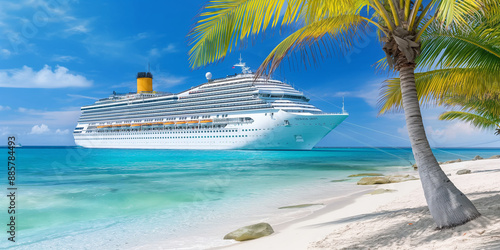 Fototapeta Naklejka Na Ścianę i Meble -  Luxury cruise ship docked near tropical island with white sand beach
