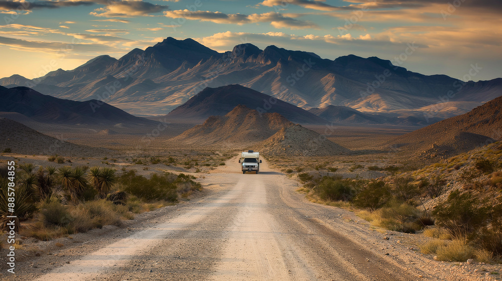 Fototapeta premium Camper van traveling on a desert road towards majestic mountains