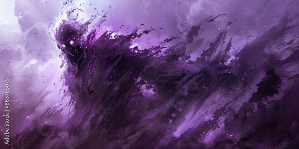 Fototapeta premium Terrifying shadowy monster with glowing eyes emerges from swirling purple mist, evoking Halloween horror and dark fantasy themes, ominous atmosphere. Copy space