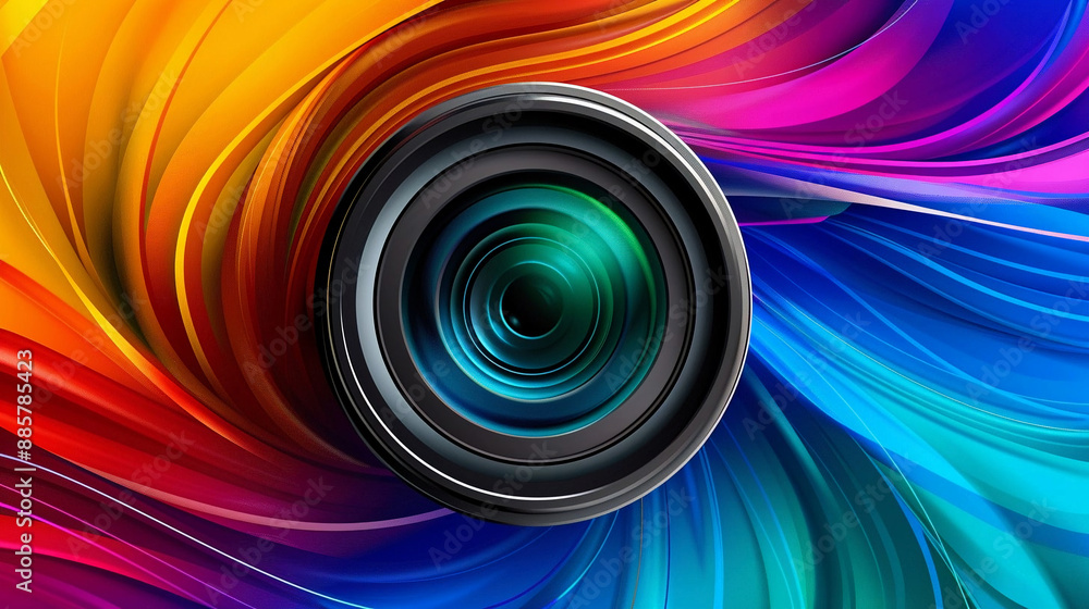 Fototapeta premium Abstract bright colorful spiral background with photographic lens, camera lens