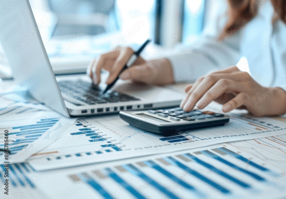close up of a businesswoman using a calculator and holding a pen while working at a desk with a laptop, documents and charts Generative AI close up of a businesswoman using a calculator and holding a pen while working at a desk with a laptop, documents and charts Generative AI