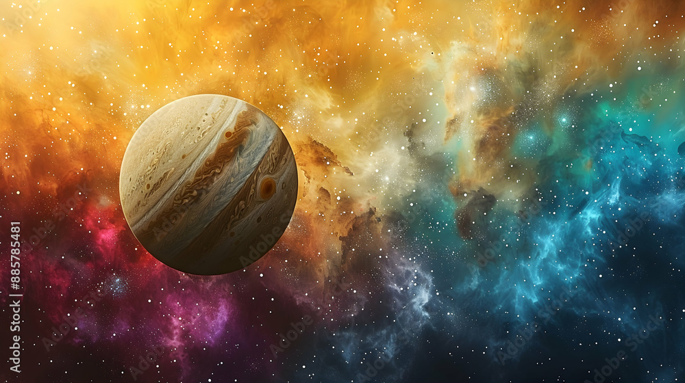 Fototapeta premium A solar planet surrounded by colorful cosmic dust and twinkling stars