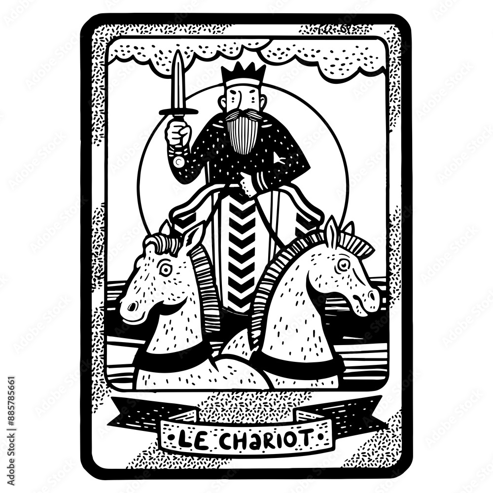 Fototapeta premium Tarot playing card chariot sketch engraving PNG illustration. T-shirt apparel print design. Scratch board imitation. Black and white hand drawn image.