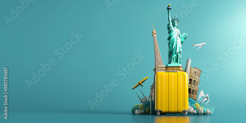 World famous landmarks coming out of a yellow suitcase on turquoise background photo