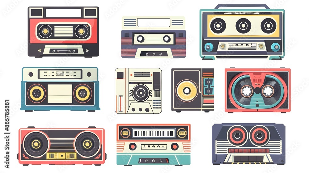Set Retro Radio 90s music audio cassette. Collection of various vintage boombox audio tapes on white background. vector illustration Set Retro Radio 90s music audio cassette. Collection of various vintage boombox audio tapes on white background. vector illustration
