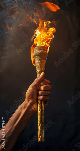 Hand holding flaming torch against dark background in slow motion