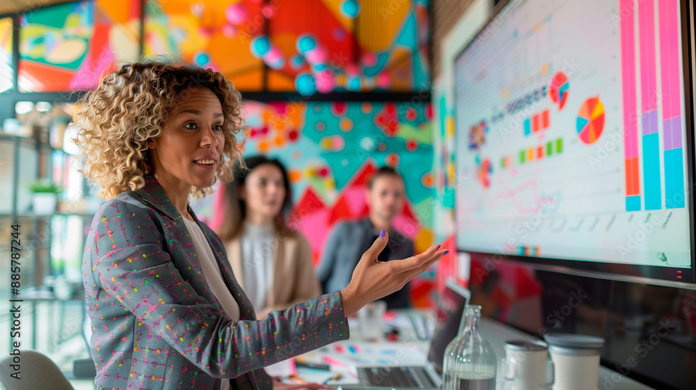 a portrait of a lesbian business woman leading a business strategy team meeting, presenting a graph on a large screen with her team engaged and listening attentively, Working, Non- a portrait of a lesbian business woman leading a business strategy team meeting, presenting a graph on a large screen with her team engaged and listening attentively, Working, Non-