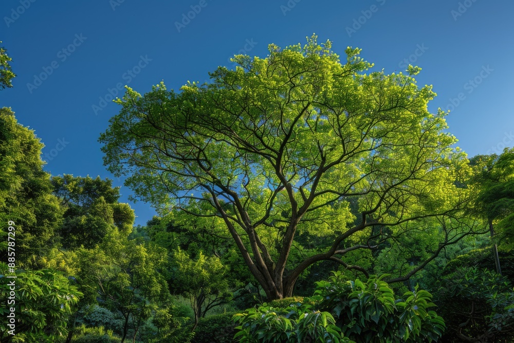 A big tree stands tall in a dense green forest, perfect for nature and outdoor themes A big tree stands tall in a dense green forest, perfect for nature and outdoor themes