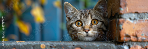 Cat peeking from behind a wall, with big eyes and whiskers visible. grey cat close-up in an urban setting.  Cat, kitten, cat face in focus with blurred background. Copy cpace photo