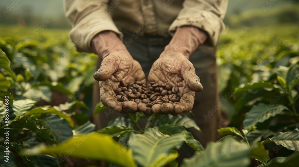hands of a peasant man with coffee beans hands of a peasant man with coffee beans