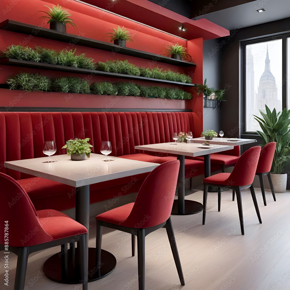 Obraz premium Modern and modern red-toned restaurant interiors with plant pots everywhere