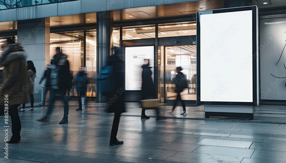 Blank, clean screen or signboard mockup in public area, pedestrians passing by in background Blank, clean screen or signboard mockup in public area, pedestrians passing by in background