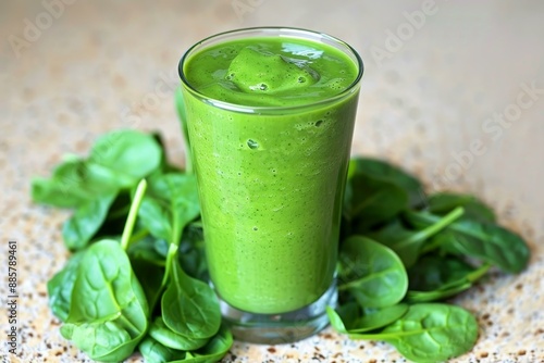 Fresh spinach smoothie in a tall glass on a granite countertop, symbolizing healthy lifestyle choices photo