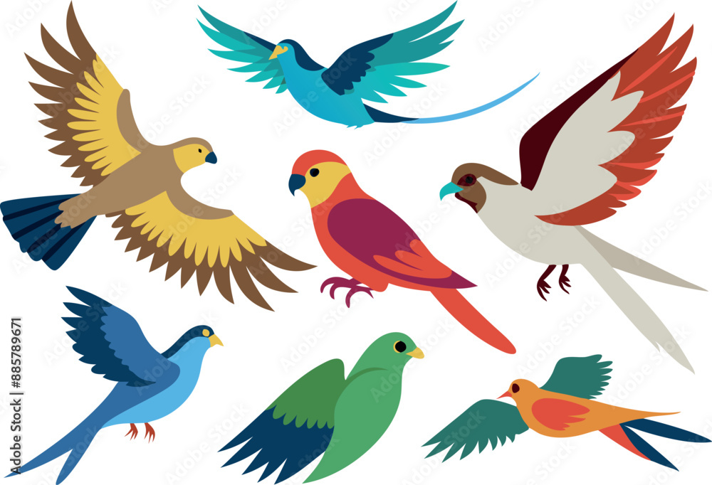 Colorful illustration featuring various birds in flight. The birds have vibrant feathers and are in dynamic and graceful poses. Colorful illustration featuring various birds in flight. The birds have vibrant feathers and are in dynamic and graceful poses.